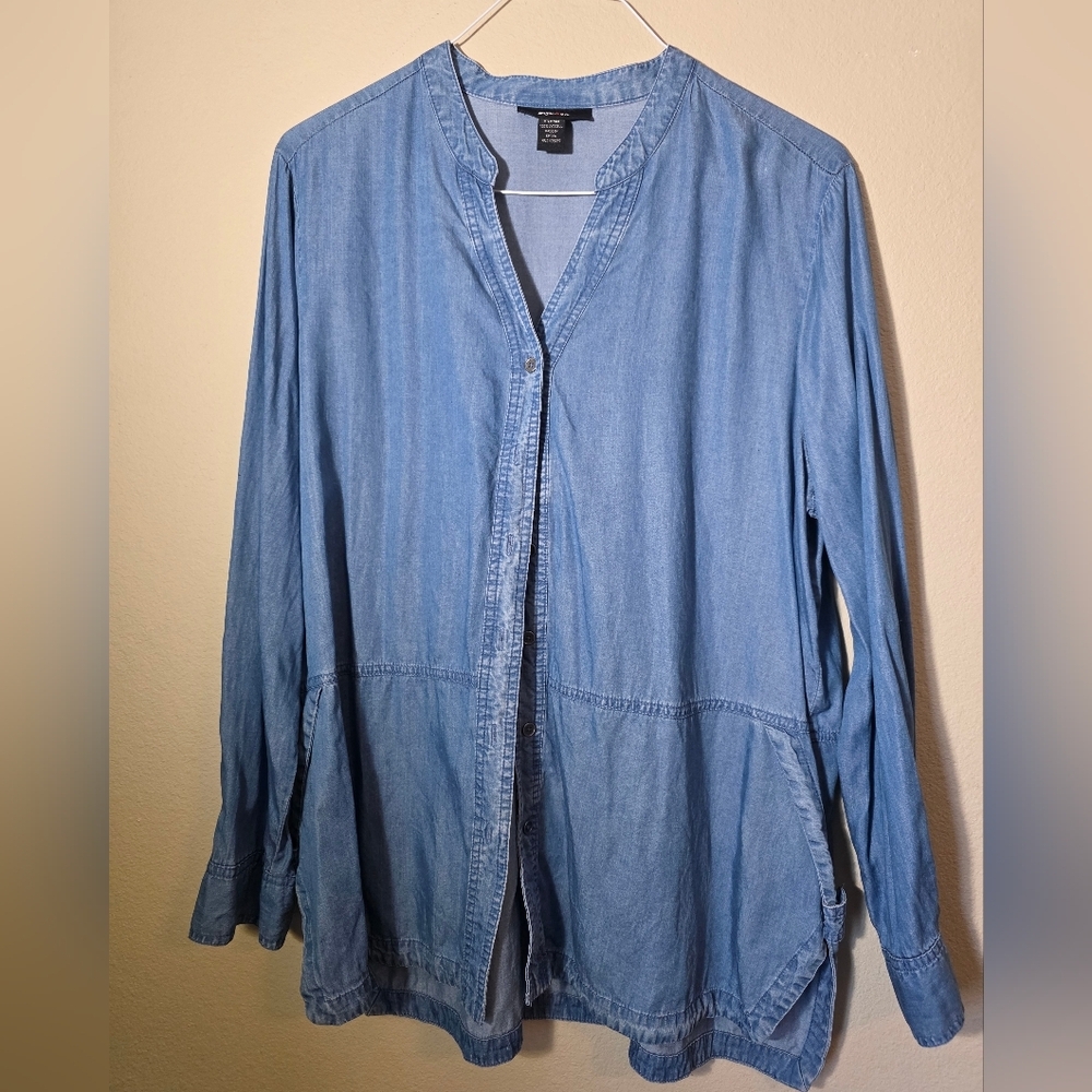 EUC Style & Company Womens Light Blue Denim Hi-Lo Top
